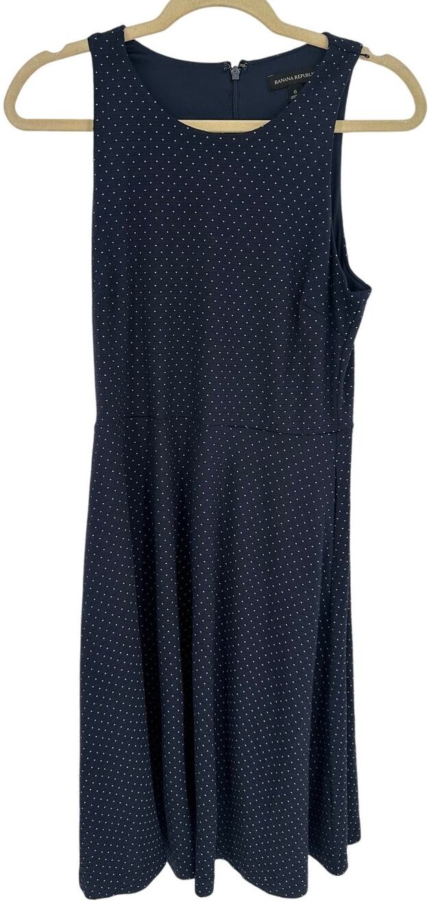 Banana Republic Midi Dress 6 Blue Polka Dot Sleeveless Pockets Fit‎ Flare Casual